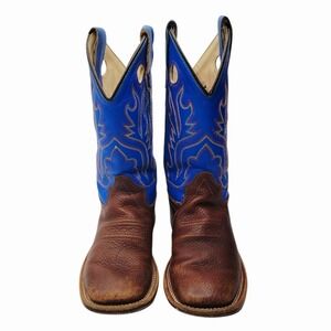Old West Kids Cowboy Boots Brown Blue Leather Upper Western Boots Size 13